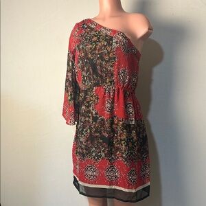 Angie Dress One Shoulder Junior Women Red Black Tan Geo Print Lined Sz Large